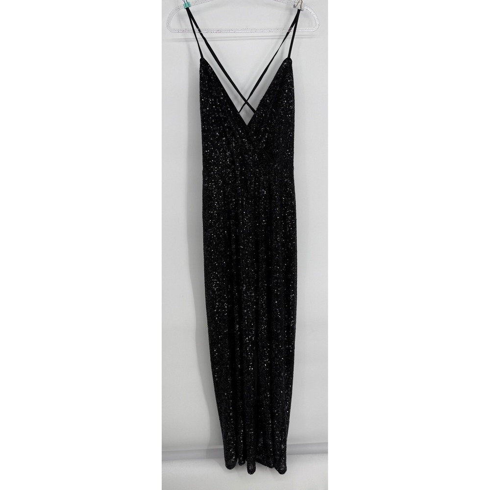 GB‎ Womens Black Sequin Jumpsuit V-Neck Open Back Sleeveless Sz M